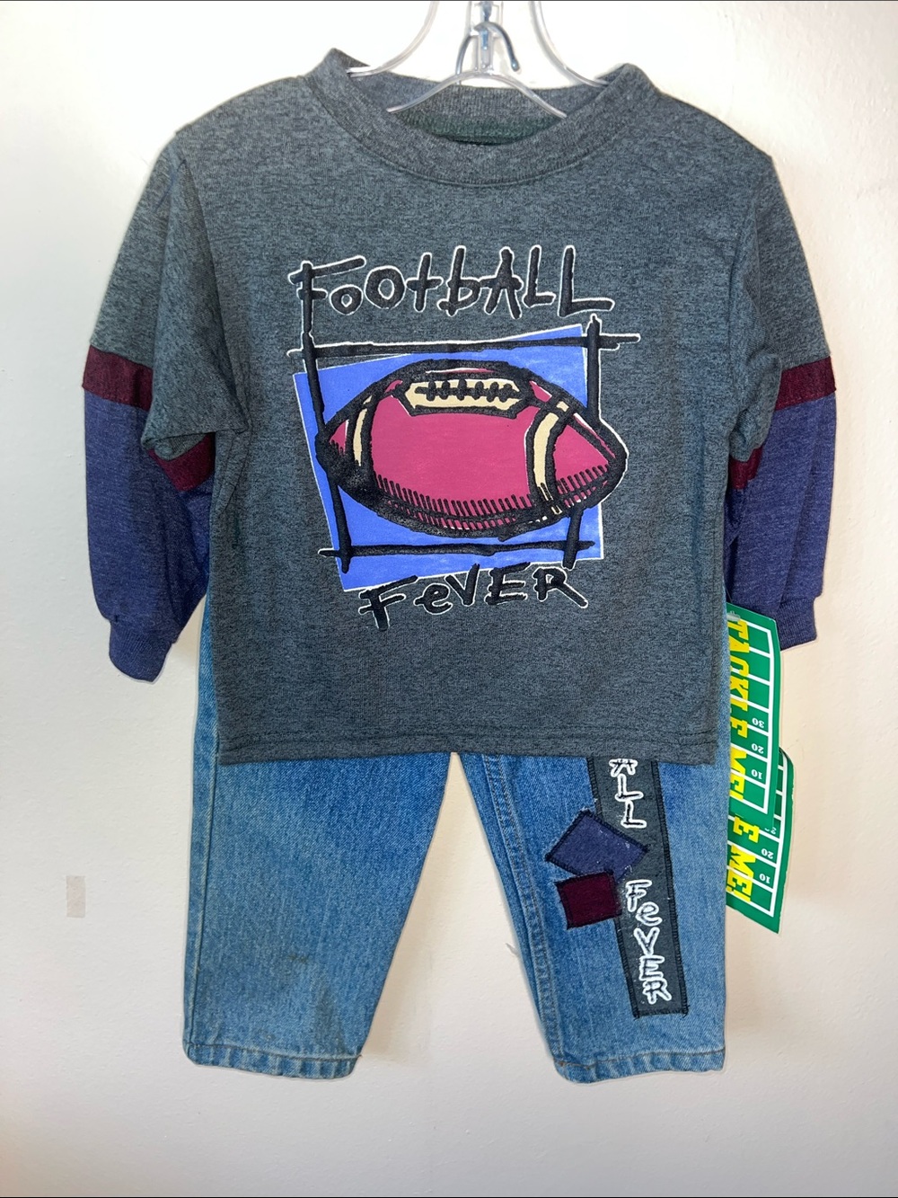 VTG Kids NOS "Football Fever' Long Sleeve Top and Jeans Set - Gray/Blue Sz.2T